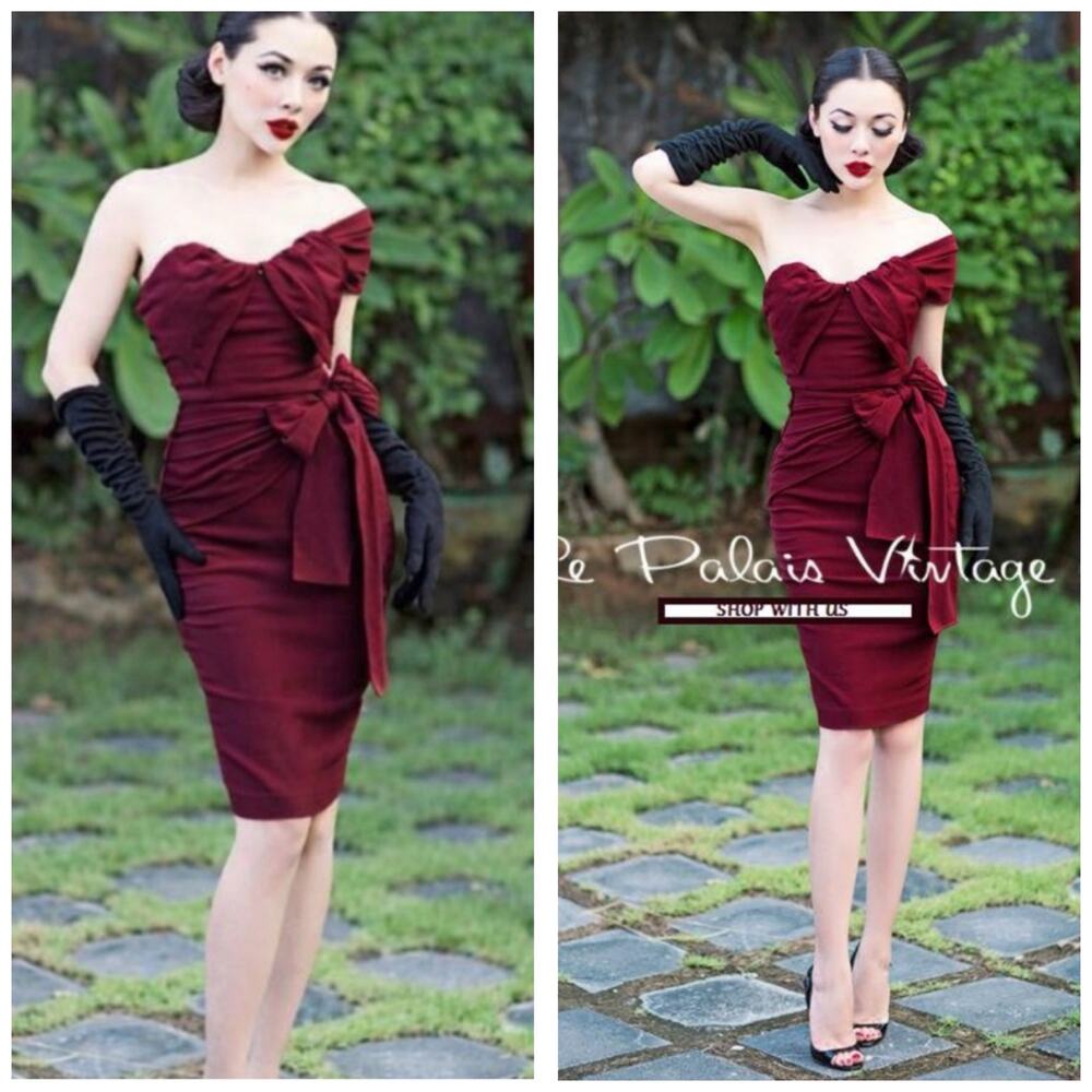 Le Palais Vintage Winny Burgundy Strapless Bow Pinup Dress Size Large 50s Retro